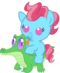 Size: 836x1017 | Tagged: safe, artist:red4567, derpibooru import, cup cake, gummy, pony, baby, baby pony, cute, pacifier, ponies riding gators, riding, weapons-grade cute