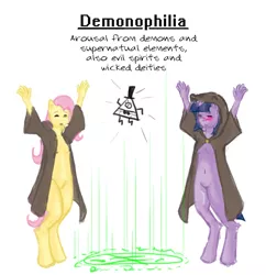 Size: 1052x1088 | Tagged: anthro, artist:sehad, belly button, big book of fetishes, bill cipher, cloak, clothes, cultist, demon, demonophilia, derpibooru import, fetish, fluttershy, gravity falls, magic, magic circle, occult, robe, simple, simple background, suggestive, summoning, summoning circle, twilight sparkle, unguligrade anthro