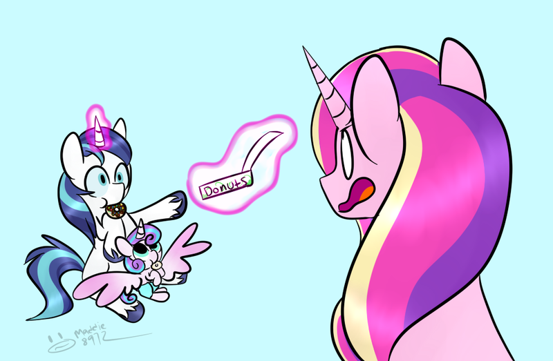 Size: 999x653 | Tagged: safe, artist:maddie8972, deleted from derpibooru, derpibooru import, princess cadance, princess flurry heart, shining armor, alicorn, pony, unicorn, "responsible father" armor, box, donut, food, levitation, magic, mouth hold, telekinesis