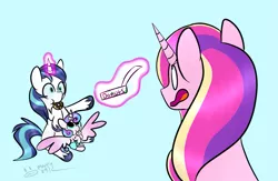 Size: 999x653 | Tagged: safe, artist:maddie8972, deleted from derpibooru, derpibooru import, princess cadance, princess flurry heart, shining armor, alicorn, pony, unicorn, "responsible father" armor, box, donut, food, levitation, magic, mouth hold, telekinesis