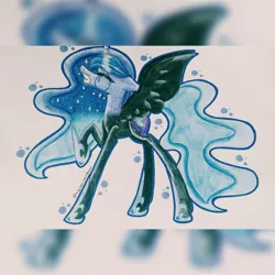 Size: 1337x1337 | Tagged: artist:rocker-rainbow, crying, derpibooru import, eyes closed, gritted teeth, nightmare moon, princess luna, raised hoof, safe, simple background, solo, spread wings, traditional art, white background