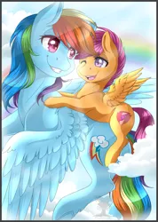 Size: 2893x4066 | Tagged: absurd resolution, artist:pillonchou, crepuscular rays, cute, cutealoo, derpibooru import, duo, lens flare, one eye closed, open mouth, ponies riding ponies, rainbow dash, safe, scootaloo, scootalove, the cmc's cutie marks