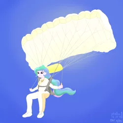 Size: 2500x2500 | Tagged: safe, alternate version, artist:phallen1, derpibooru import, princess celestia, equestria girls, bright, clothes, jumpsuit, parachute, ponytail, principal celestia, recolor, skydiving, solo, summer sun celebration, sun, white