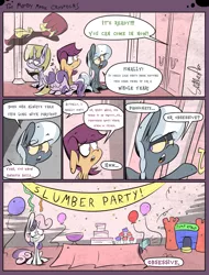 Size: 1235x1625 | Tagged: alternate universe, apple bloom, artist:slitherpon, bouncing castle, comic, cutie mark crusaders, derpibooru import, diamond tiara, dinky hooves, ghost, moody mark crusaders, party, safe, scootaloo, silver spoon, sweetie belle