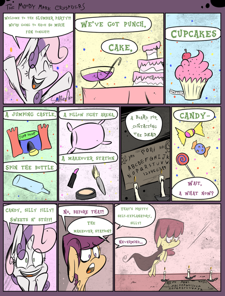 Size: 1235x1625 | Tagged: alternate universe, apple bloom, artist:slitherpon, bouncing castle, comic, cutie mark crusaders, derpibooru import, ghost, moody mark crusaders, necromancy, ouija board, party, safe, scootaloo, sweetie belle