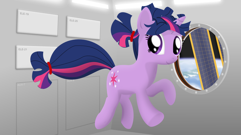 Size: 1920x1080 | Tagged: safe, artist:eagle1division, derpibooru import, twilight sparkle, unicorn, alternate hairstyle, cute, floating, hair tie, planet, ponytail, solo, space, space station, twiabetes, unicorn twilight, vector, zero gravity