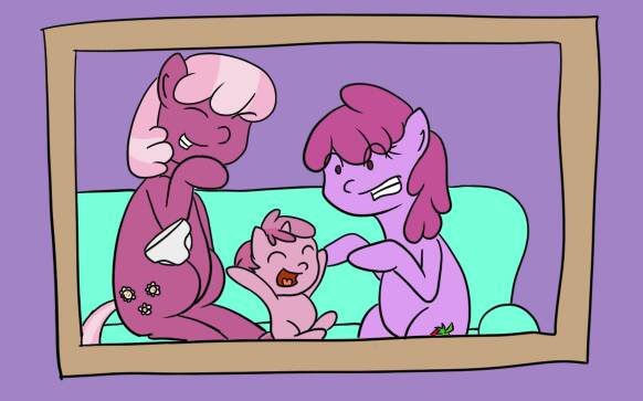 Size: 582x363 | Tagged: artist:bennimarru, baby, berrilee, berry punch, berryshine, cheerilee, derpibooru import, diaper, eyes closed, family, family photo, female, lesbian, photo, ruby pinch, safe, shipping, younger
