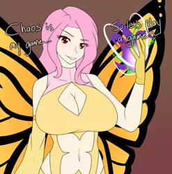 Size: 1280x1298 | Tagged: artist:jonfawkes, belly button, big breasts, breasts, busty fluttershy, chaos, chaos magic, cleavage, derpibooru import, female, fluttershy, human, humanized, looking at you, oc, oc:chaos butterfly, red eyes, series:nightmare war, simple background, solo, solo female, suggestive
