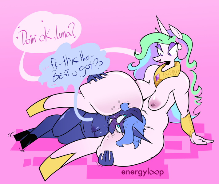 Size: 1280x1079 | Tagged: alicorn, anthro, artist:forbiddenghoul, belly button, breasts, chubby, dem thighs, derpibooru import, dialogue, female, fight, headscissors, nudity, plump, princess celestia, princess luna, questionable, saggy, thunder thighs, unguligrade anthro, wrestling