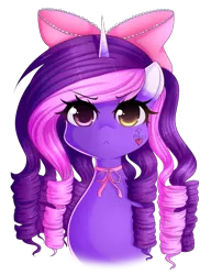Size: 900x1173 | Tagged: safe, artist:fluffymaiden, derpibooru import, oc, oc:sweet bouquet, unofficial characters only, pony, unicorn, bow, bust, digital art, female, hair bow, heterochromia, neck bow, pink eyes, portrait, solo, tattoo, yellow eyes
