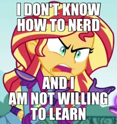 Size: 576x614 | Tagged: safe, derpibooru import, edit, edited screencap, screencap, sunset shimmer, equestria girls, friendship games, caption, exploitable meme, image macro, meme, sunset is not willing to learn