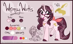 Size: 3000x1820 | Tagged: safe, artist:britishmindslave, artist:cocoamintwhimsy, derpibooru import, oc, oc:whimsy works, unofficial characters only, pony, unicorn, cutie mark, ponysona, reference sheet, simple background, tail bow