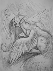 Size: 1280x1707 | Tagged: artist:sweetstrawberryblood, claws, derpibooru import, fluttershy, monochrome, monster, pen drawing, semi-grimdark, solo, traditional art