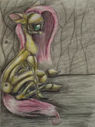 Size: 1280x1707 | Tagged: artist:sweetstrawberryblood, derpibooru import, flutterbot, fluttershy, lined paper, pen drawing, safe, sitting, solo, traditional art