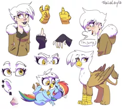 Size: 1375x1225 | Tagged: safe, artist:tralalayla, derpibooru import, gilda, rainbow dash, gryphon, human, chickub, clothes, crying, cute, dashabetes, ear piercing, female, filly, fingerless gloves, gildadorable, gildash, gloves, humanized, lesbian, lipstick, middle finger, nail polish, piercing, shipping, sorry, tickling, younger