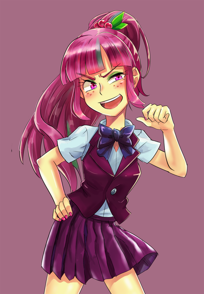 Size: 800x1152 | Tagged: safe, artist:tzc, derpibooru import, sour sweet, equestria girls, friendship games, bowtie, clothes, crystal prep academy uniform, female, freckles, nail polish, ponytail, school uniform, simple background, solo, vest