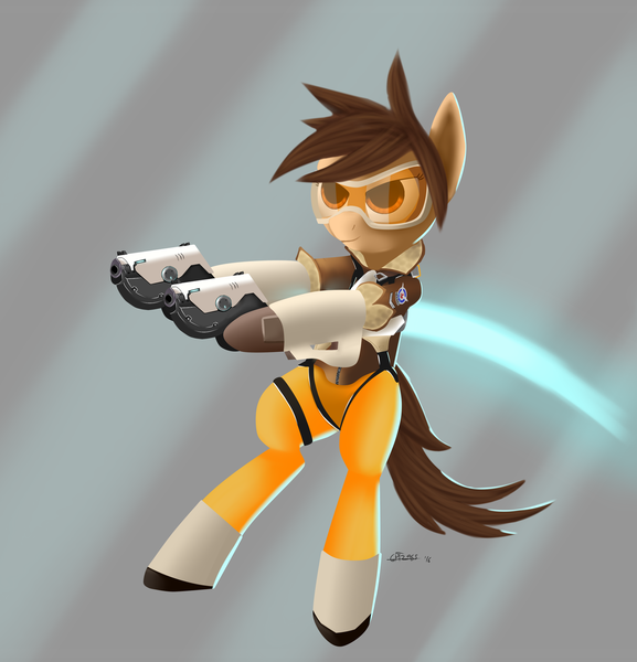 Size: 1600x1664 | Tagged: artist:titan2955, crossover, derpibooru import, goggles, gun, overwatch, safe, solo, tracer, weapon