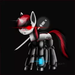 Size: 1600x1600 | Tagged: safe, artist:titan2955, derpibooru import, oc, oc:blackjack, unofficial characters only, cyborg, pony, unicorn, fallout equestria, fallout equestria: project horizons, fanfic, black background, cutie mark, fanfic art, female, glowing eyes, hooves, horn, level 2 (project horizons), mare, simple background, solo, sword, teeth, weapon