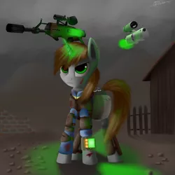 Size: 1600x1600 | Tagged: safe, artist:titan2955, derpibooru import, oc, oc:littlepip, unofficial characters only, pony, unicorn, fallout equestria, fanfic, clothes, fanfic art, female, glowing horn, gun, handgun, horn, little macintosh, magic, mare, pipbuck, revolver, rifle, solo, telekinesis, vault suit, wasteland, weapon