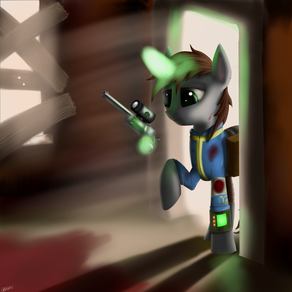 Size: 1600x1600 | Tagged: safe, artist:titan2955, derpibooru import, oc, oc:littlepip, unofficial characters only, pony, unicorn, fallout equestria, fanfic, clothes, fanfic art, female, glowing horn, gun, handgun, little macintosh, magic, mare, pipbuck, revolver, solo, telekinesis, vault suit, weapon