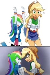 Size: 1250x1860 | Tagged: suggestive, artist:ryuu, derpibooru import, applejack, rainbow dash, equestria girls, appledash, assisted exposure, blushing, clothes, comic, cowboy hat, cross-popping veins, crying, denim skirt, female, females only, hat, lesbian, open mouth, regret, shipping, shocked, skirt, skirt flip, skirt lift, stetson, this will end in pain