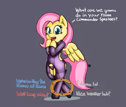 Size: 1280x1083 | Tagged: suggestive, artist:pabbley, derpibooru import, fluttershy, asari, pony, 30 minute art challenge, bipedal, clothes, cosplay, costume, crossover, crotchless, cute, dialogue, dialogue wheel, female, gamer poop, implied twilight sparkle, latex, mans1ay3r, mass effect, open mouth, panties, shyabetes, simple background, solo, solo female, underwear, we'll bang ok