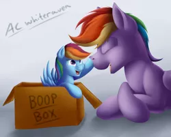 Size: 1280x1030 | Tagged: safe, artist:ac-whiteraven, derpibooru import, rainbow blaze, rainbow dash, pony, boop, boop box, box, cute, dashabetes, eyes closed, father and daughter, filly rainbow dash, open mouth, pony in a box, prone, signature, smiling, weapons-grade cute, younger
