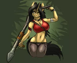 Size: 813x664 | Tagged: anthro, anthro oc, artist:metalfoxxx, belly button, big breasts, breasts, cleavage, clothes, derpibooru import, far cry 3, female, gun, midriff, missile launcher, no trigger discipline, oc, oc:amber steel, rpg-7, solo, solo female, sports bra, suggestive, unofficial characters only, vaas montenegro, weapon