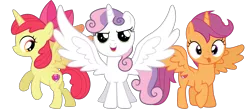 Size: 4000x1738 | Tagged: safe, artist:cloudyglow, derpibooru import, edit, apple bloom, scootaloo, sweetie belle, alicorn, pony, alicornified, bloomicorn, cutie mark, cutie mark crusaders, female, filly, race swap, scootacorn, simple background, sweetiecorn, the cmc's cutie marks, this will end in tears and/or death and/or covered in tree sap, tongue out, transparent background, vector, xk-class end-of-the-world scenario