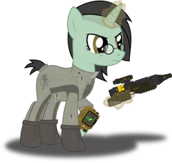 Size: 3173x3000 | Tagged: safe, artist:ruinedomega, derpibooru import, oc, oc:suo motu, unofficial characters only, pony, unicorn, fallout equestria, brotherhood of steel, clothes, energy weapon, fallout, female, glasses, glowing horn, gun, hooves, horn, jumpsuit, laser pistol, levitation, magic, magical energy weapon, mare, pipbuck, raised hoof, simple background, solo, standing, telekinesis, transparent background, vector, weapon