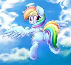 Size: 2500x2300 | Tagged: suggestive, artist:heavymetalbronyyeah, derpibooru import, rainbow dash, pegasus, pony, blushing, cloud, cute, dashabetes, dock, featureless crotch, female, flying, from behind, halo, looking at you, looking back, mare, plot, raised tail, sky, solo, tail