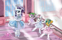 Size: 3600x2300 | Tagged: safe, artist:avchonline, derpibooru import, rarity, snails, spike, sweetie belle, pony, ballerina, ballet, ballet slippers, barre, bipedal, bipedal leaning, blushing, bow, canterlot royal ballet academy, classroom, clothes, crossdressing, cute, dancing, diasnails, embarrassed, evening gloves, eyeshadow, glitter shell, gloves, hair bow, happy, hello kitty, jewelry, makeup, mirror, necklace, pantyhose, png, sanrio, shellbetes, shellerina, sissy, skirt, sky, studio, tiara, tutu, tututiful, window