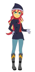 Size: 1714x3500 | Tagged: safe, artist:backgrounduser, derpibooru import, sunset shimmer, equestria girls, clothes, gloves, looking at you, scarf, smiling, solo, winter outfit