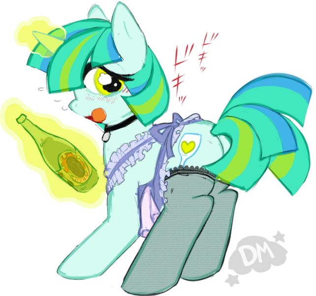 Size: 935x874 | Tagged: suggestive, artist:deep mystery, derpibooru import, oc, oc:tipsy tap, unofficial characters only, pony, unicorn, blushing, clothes, lace, shy, solo, stockings