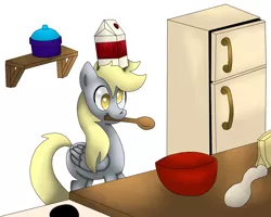 Size: 1280x1024 | Tagged: safe, artist:king-sombrero, derpibooru import, derpy hooves, pegasus, pony, bowl, cooking, female, kitchen, malk, mare, milk, mouth hold, refrigerator, solo, spoon