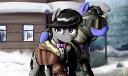 Size: 1860x1100 | Tagged: artist:supermare, blood, clothes, commission, derpibooru import, goggles, necktie, oc, octavia melody, safe, signature, tape recorder