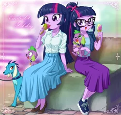 Size: 1100x1043 | Tagged: safe, artist:uotapo, derpibooru import, princess ember, sci-twi, spike, spike the regular dog, twilight sparkle, twilight sparkle (alicorn), dog, equestria girls, alternate hairstyle, beautiful, clothes, colored pupils, converse, cute, doggy dragondox, duality, ember the dog, equestria girls-ified, female, food, ice cream, male, not what it looks like, out of context, parody, paws, ponytail, self paradog, self paradox, shoes, sneakers, spikabetes, spike the dog, twiabetes, twolight, uotapo is trying to murder us