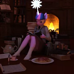 Size: 2000x2000 | Tagged: safe, artist:tahublade7, derpibooru import, twilight sparkle, anthro, plantigrade anthro, 3d, book, clothes, cup, daz studio, fireplace, food, magic, missing shoes, panties, pasta, quill, skirt, socks, spaghetti, story included, striped underwear, teacup, that pony sure does love books, underwear, upskirt