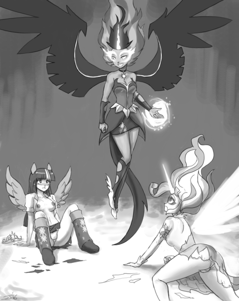 Size: 2000x2516 | Tagged: source needed, questionable, artist:johnjoseco, derpibooru import, sci-twi, sunset shimmer, twilight sparkle, twilight sparkle (alicorn), equestria girls, clothes, daydream shimmer, grayscale, midnight sparkle, monochrome, nipples, nudity, panties, school uniform, torn clothes, twolight, underwear