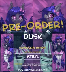 Size: 800x875 | Tagged: safe, artist:atryl, derpibooru import, oc, oc:dusk rhine, unofficial characters only, anthro, bat pony, unguligrade anthro, advertisement, ass, blushing, body pillow, body pillow design, bow, breasts, clothes, cute, fangs, female, furrydakimakura, hair bow, happy, hips, limited preview, looking at you, mary janes, moe, neck bow, pleated skirt, school uniform, schoolgirl, shoes, skirt, small breasts, socks, solo, thigh highs, zettai ryouiki