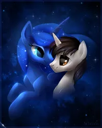 Size: 1000x1250 | Tagged: safe, artist:scheadar, derpibooru import, princess luna, oc, oc:lunar evening, canon x oc, luvning, shipping