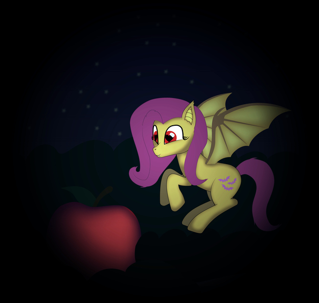 Size: 4667x4425 | Tagged: safe, artist:e-49, derpibooru import, fluttershy, bat pony, pony, absurd resolution, apple, flutterbat, food, heart eyes, night, race swap, solo, wingding eyes