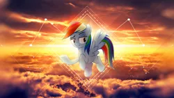 Size: 1920x1080 | Tagged: safe, artist:antylavx, artist:speedox12, derpibooru import, rainbow dash, pegasus, pony, bedroom eyes, cloud, female, flying, mare, solo, sunset, vector, wallpaper