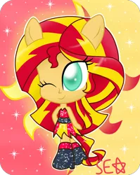 Size: 2417x3034 | Tagged: safe, artist:supererikastar, derpibooru import, sunset shimmer, equestria girls, chibi, clothes, costume, cute, cutie mark, one eye closed, ponied up, shimmerbetes, solo, sunset satan, wink