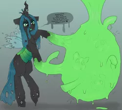 Size: 1280x1147 | Tagged: artist:oouichi, bipedal, cocoon, derpibooru import, dialogue, flying, goo, goo pony, original species, queen chrysalis, semi-grimdark, slime, sound effects, speech bubble, torture, transformation