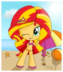 Size: 2246x2560 | Tagged: safe, artist:supererikastar, derpibooru import, sunset shimmer, equestria girls, belly button, bikini, chibi, clothes, cute, midriff, one eye closed, shimmerbetes, solo, swimsuit, wink