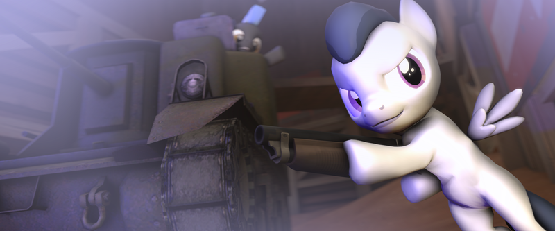 Size: 3840x1600 | Tagged: safe, artist:viranimation, derpibooru import, rumble, thunderlane, pegasus, pony, 3d, colt, gun, male, shotgun, source filmmaker, stallion, tank (vehicle), weapon