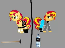 Size: 2550x1880 | Tagged: safe, artist:skulluigi, derpibooru import, sunset shimmer, pony, unicorn, 1000 hours in ms paint, crossover, ms paint, parody, sledgehammer, solo, triple h, water bottle, wrestling, wwe