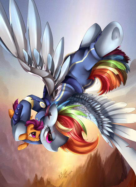 Size: 2550x3509 | Tagged: safe, artist:pridark, derpibooru import, rainbow dash, scootaloo, alternate timeline, amputee, apocalypse dash, augmented, badass, badass adorable, crying, crystal war timeline, cute, cutealoo, dashabetes, flying, prosthetic limb, prosthetic wing, prosthetics, scootalove, underhoof