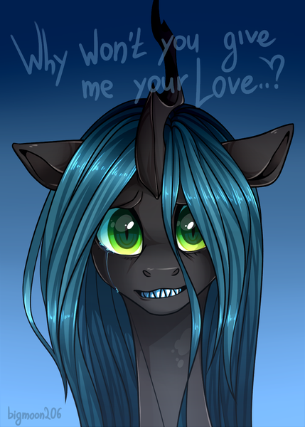 Size: 1000x1400 | Tagged: artist:bigmoon206, bronybait, changeling, changeling queen, crying, cute, cutealis, derpibooru import, dialogue, female, gradient background, looking at you, queen chrysalis, sad, safe, signature, solo